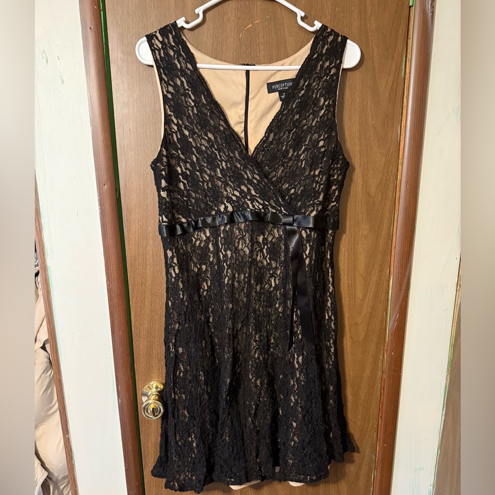 Perceptions Black Lace Mini Dress with Satin Ribbon